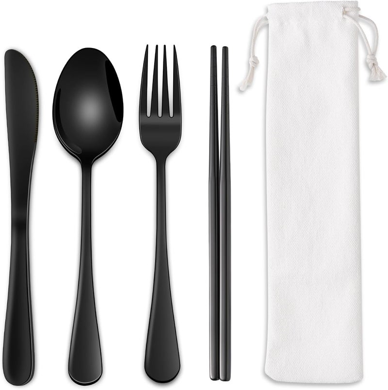Dehov Travel Utensils Set With Case,Black Stainless Steel Silverware Set To Go For Work Lunch Box Includes Knife Spoon Fork Chopsticks,Camping Picnic Cutlery Essentials - Image 1